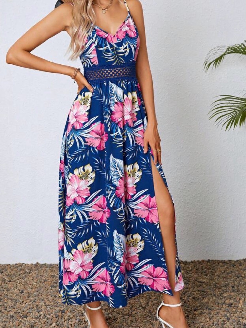 SHEIN Navy Maxi Dress with Pink Floral Print